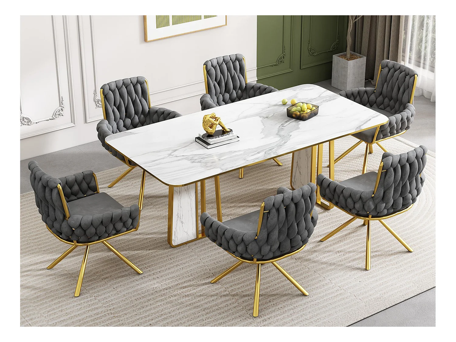 Lot de 6 Chaises pivotantes en velours avec accoudoirs - pieds en métal doré - Gris