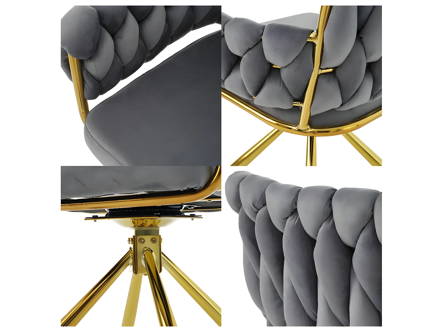 Set van 6 fluwelen draaistoelen met armleuningen - goud metalen poten - grijs