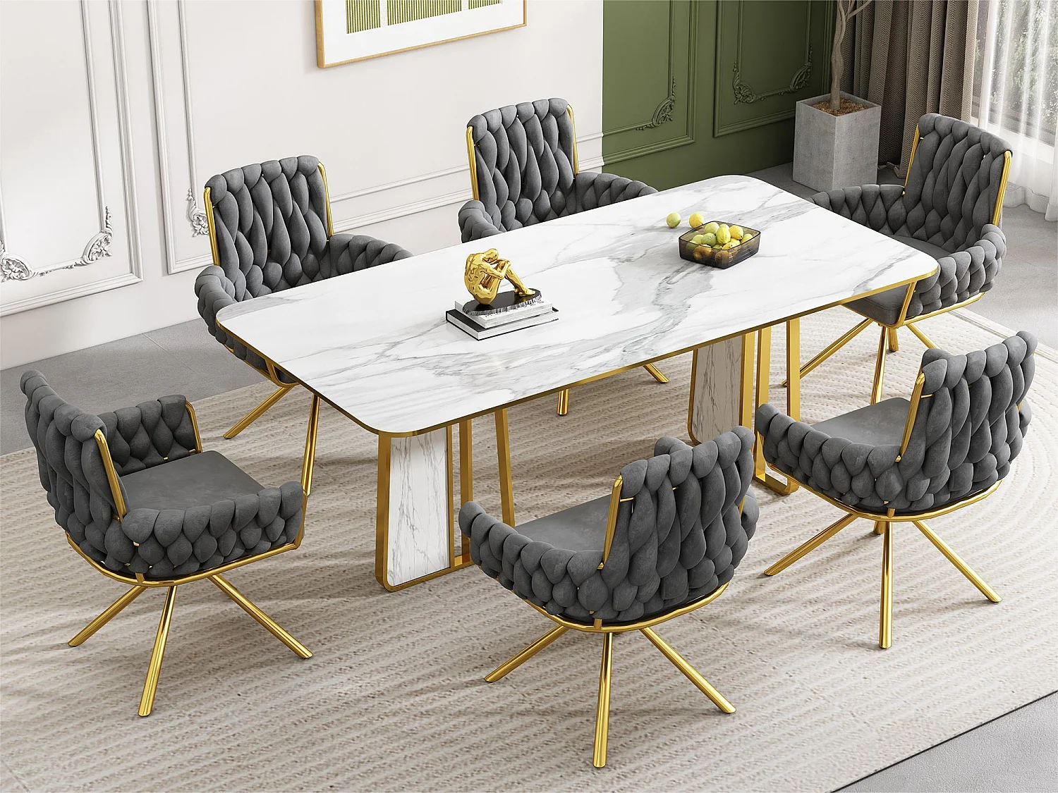 Lot de 6 Chaises pivotantes en velours avec accoudoirs - pieds en métal doré - Gris