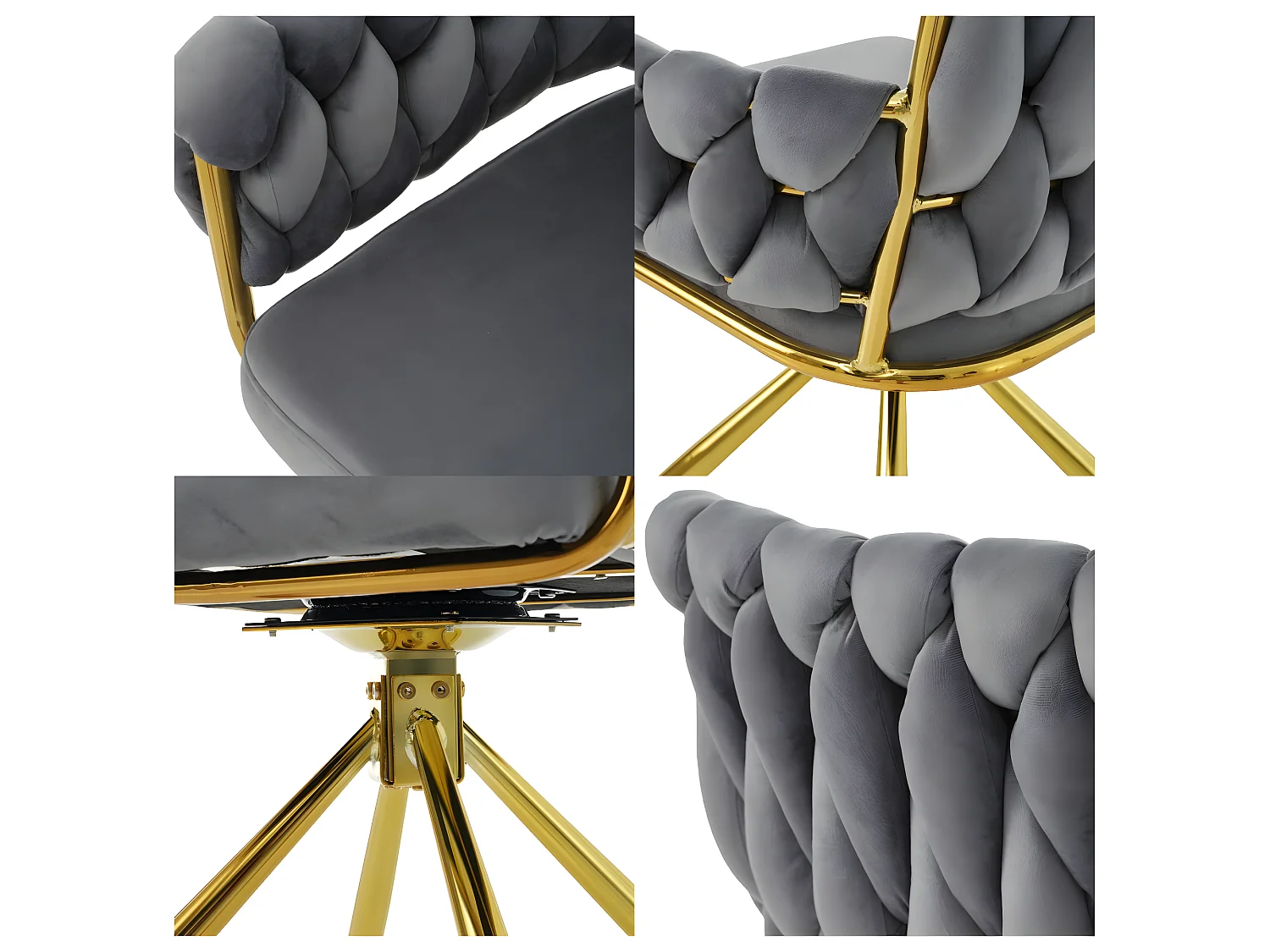 Set van 6 fluwelen draaistoelen met armleuningen - goud metalen poten - grijs