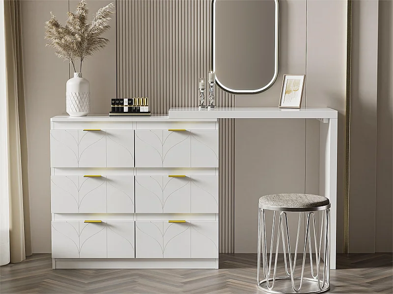 Coiffeuse pivotante contemporaine scandinave avec 6 tiroirs - décorée de motif fleuri - Blanc