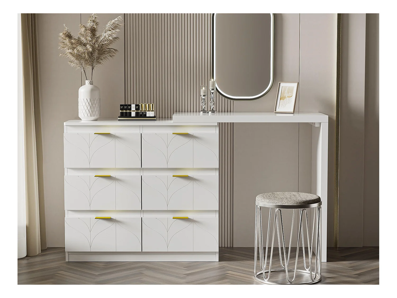 Coiffeuse pivotante contemporaine scandinave avec 6 tiroirs - décorée de motif fleuri - Blanc