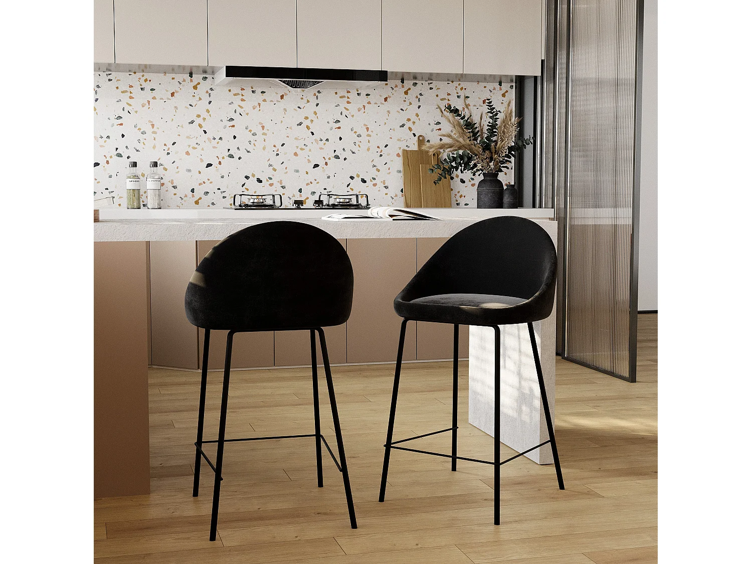 Set de 2 sillas para isla de cocina en terciopelo negro 65 cm - Misty