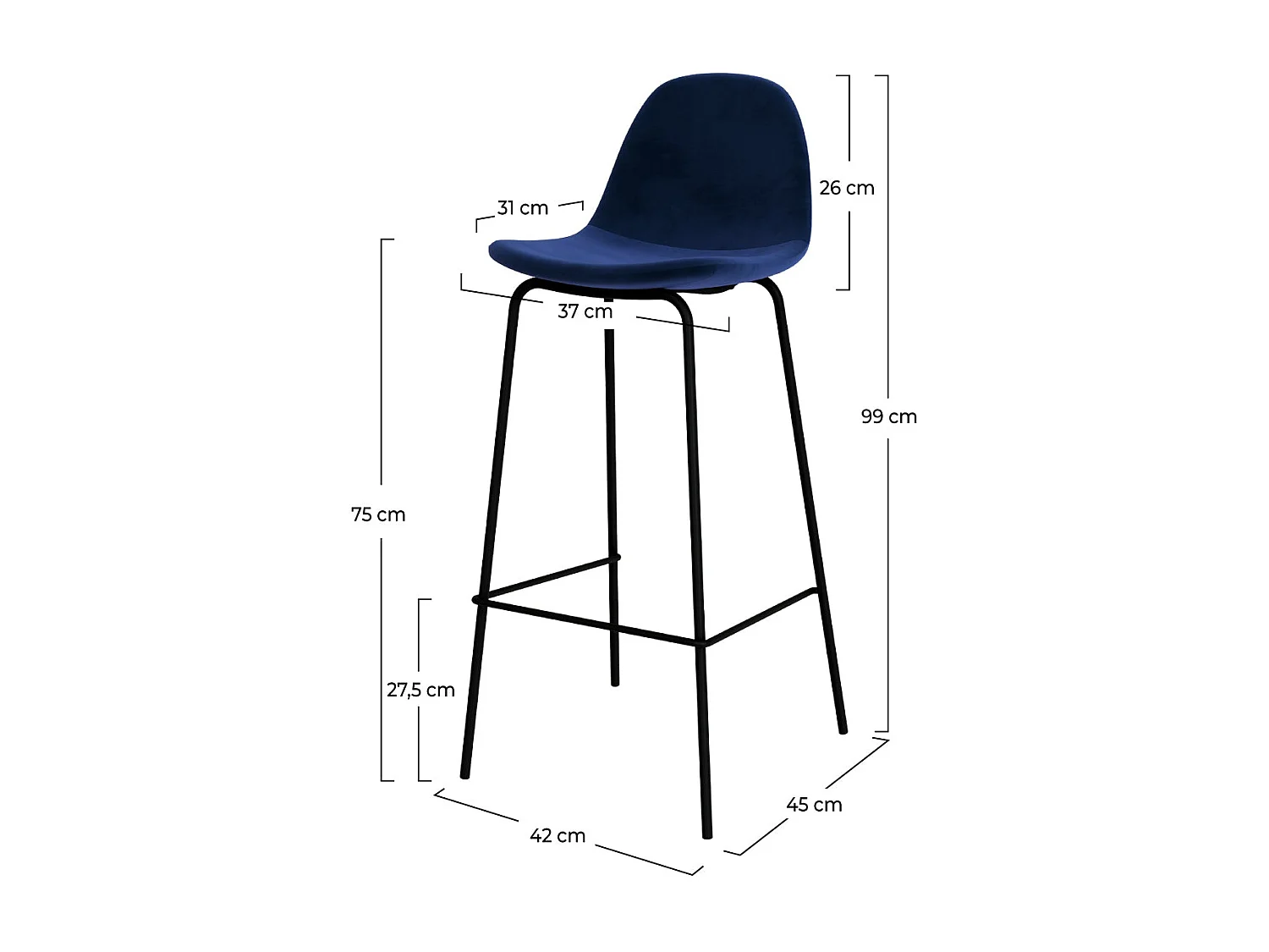 Lot de 2 chaises de bar en velours bleu foncé 75 cm - Henrik