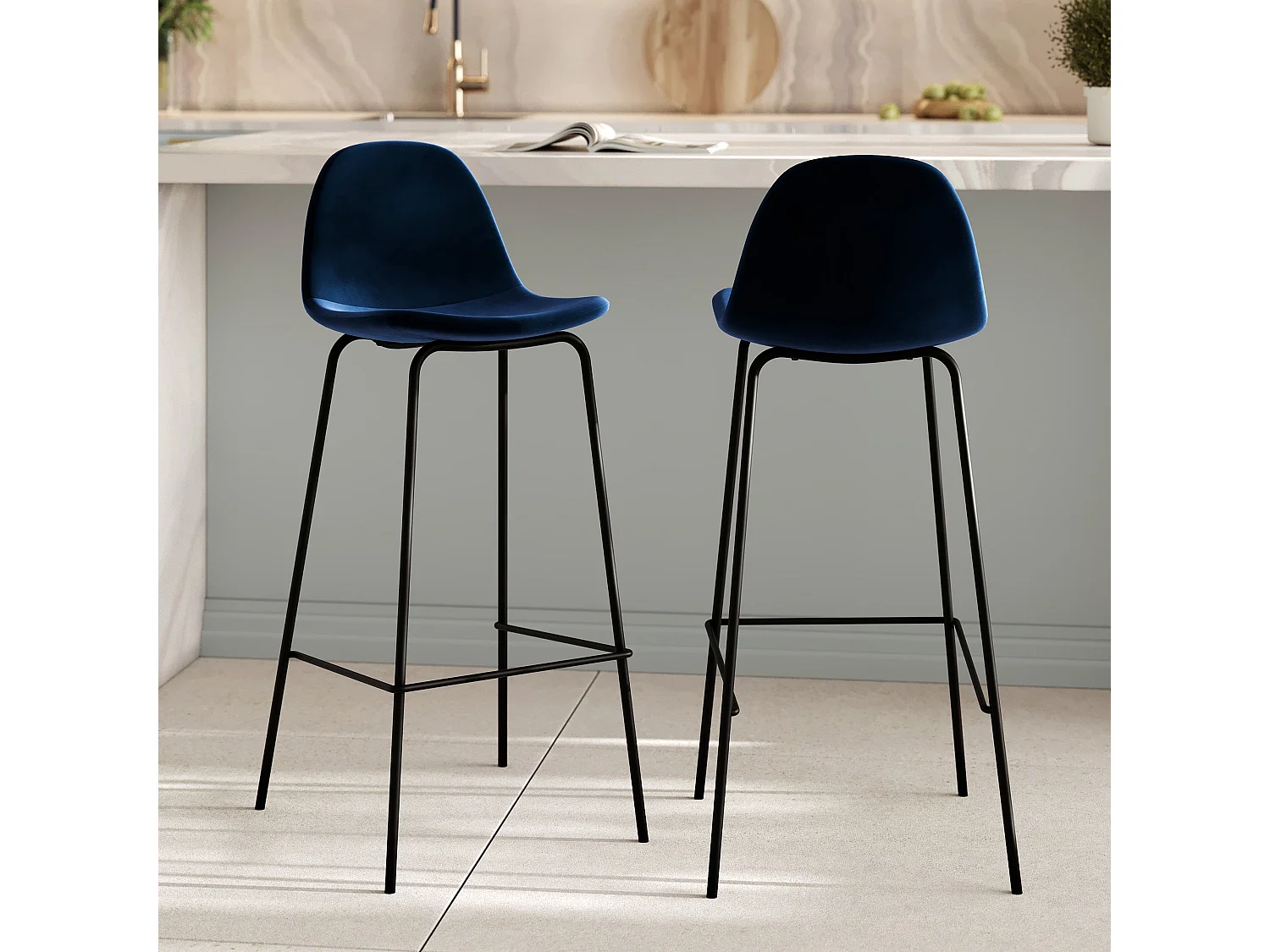 Lot de 2 chaises de bar en velours bleu foncé 75 cm - Henrik