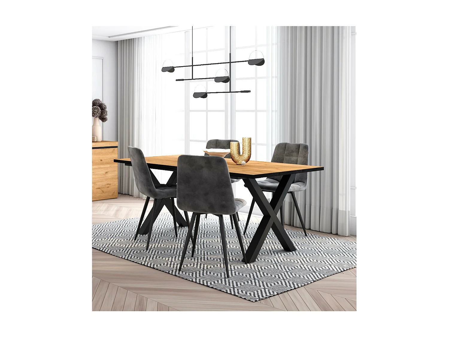 Conjunto móveis, Mesa de sala de jantar, 170, Carvalho e  preta,  industrial, Mesa Jantar, Conjunto de 4 Cadeiras de Jantar, Cadeira Estofada