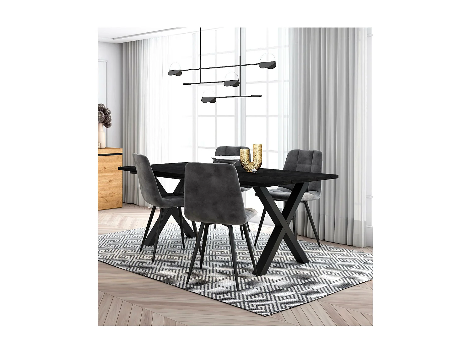 Eetkamermeubels, Tafel, 167x90x75cm, Zwart, Industriële stijl, Tafel, Set van 4 Eetkamerstoelen, Gestoffeerde Stoel