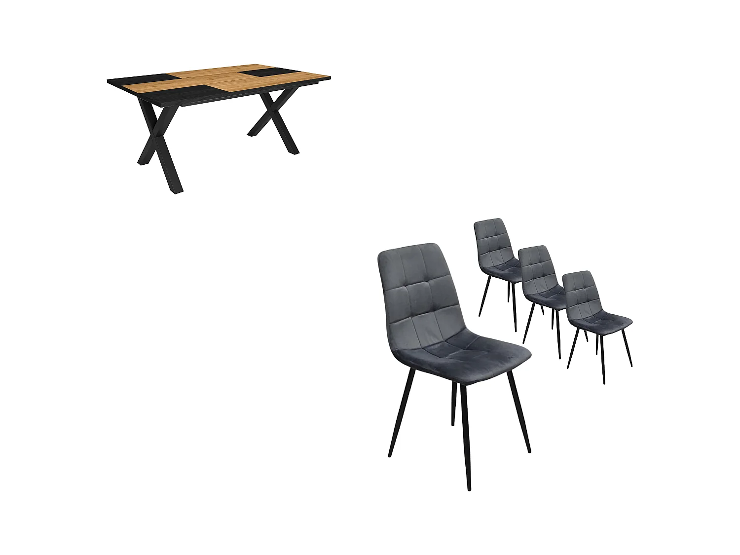 Ensemble Meubles, Table à manger, 167x90x75cm, Chêne et noir, Style industriel, Table à manger, Lot de 4 chaises de salle à manger, Chaise tapissée