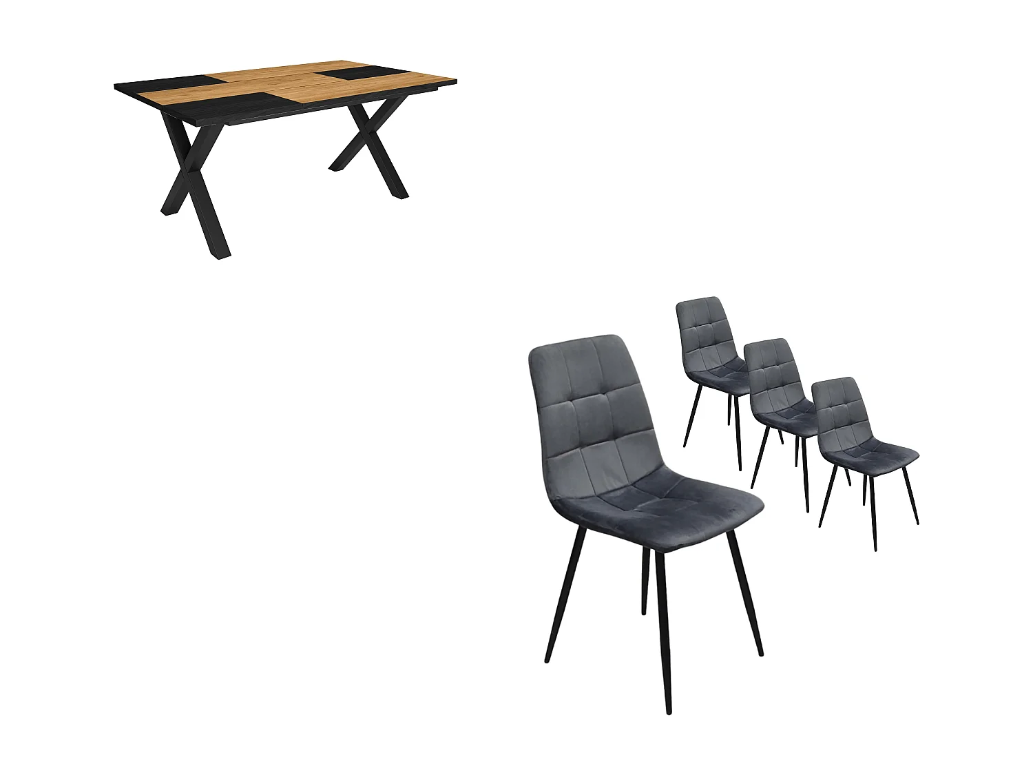 Eetkamermeubels, Tafel, 167x90x75cm, Eik en zwart, Industriële stijl, Tafel, Set van 4 Eetkamerstoelen, Gestoffeerde Stoel