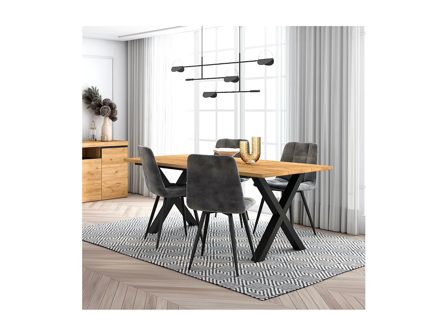 Ensemble Meubles, Table à manger, 167x90x75cm, Chêne, Style industriel, Table à manger, Lot de 4 chaises de salle à manger, Chaise tapissée