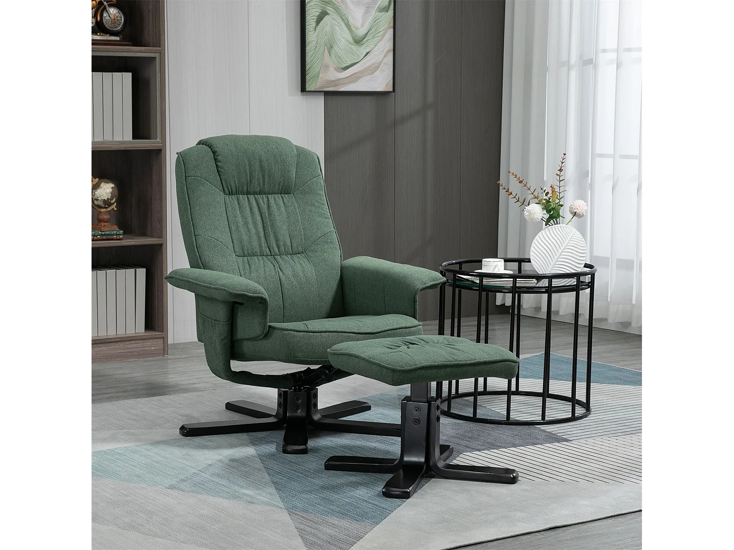 Fauteuil de relaxation CHARLY repose-pieds siège pivotant dossier inclinable assise rembourrée relax, en tissu vert et pieds noirs