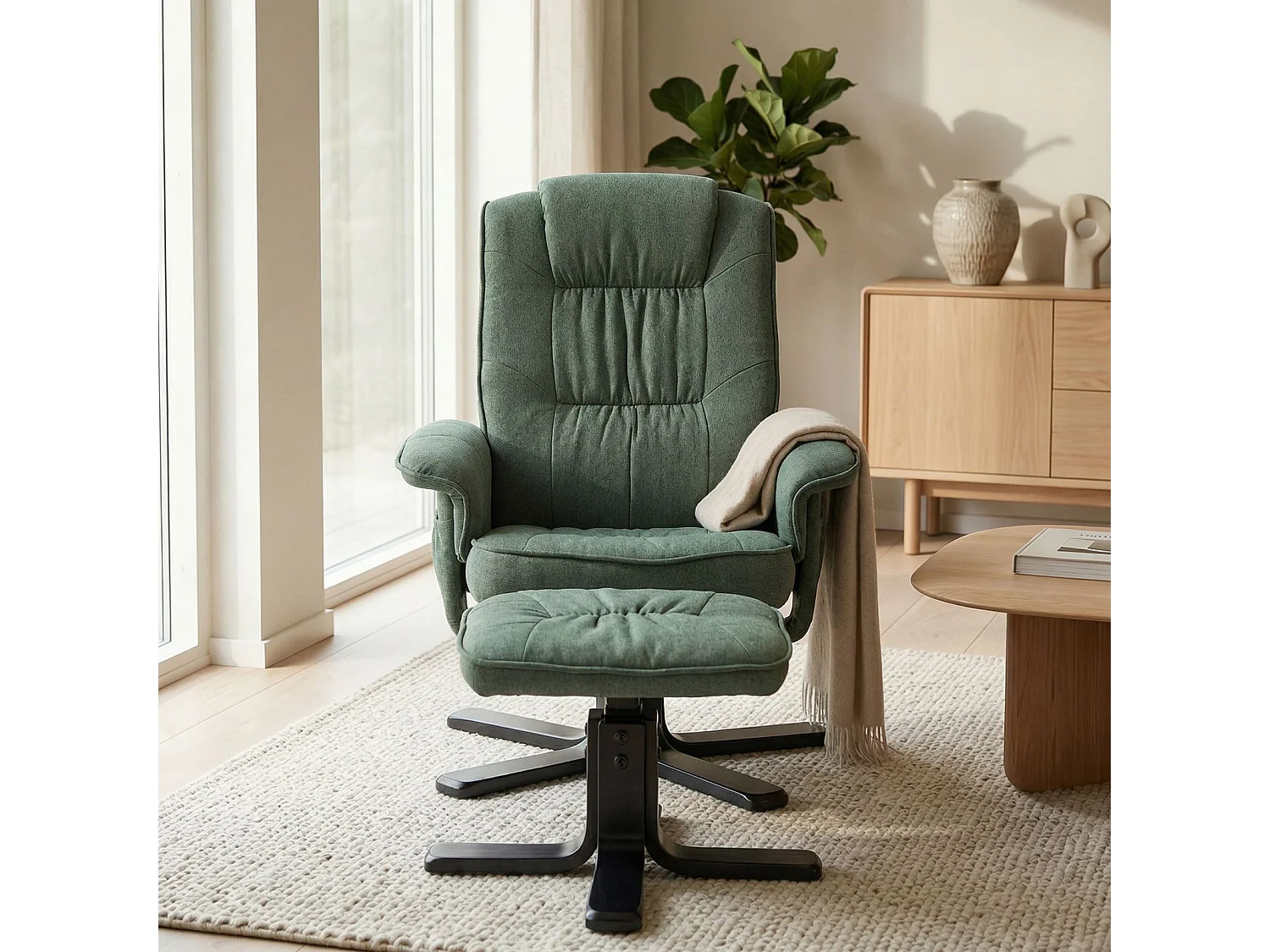 Fauteuil de relaxation CHARLY repose-pieds siège pivotant dossier inclinable assise rembourrée relax, en tissu vert et pieds noirs