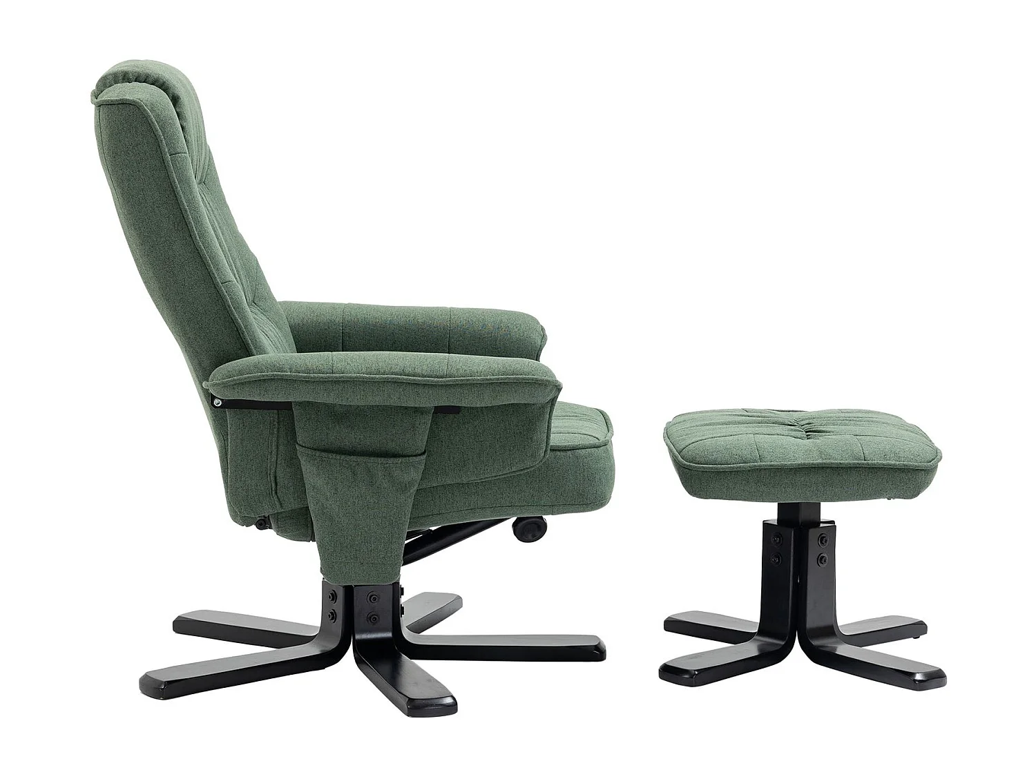 Fauteuil de relaxation CHARLY repose-pieds siège pivotant dossier inclinable assise rembourrée relax, en tissu vert et pieds noirs