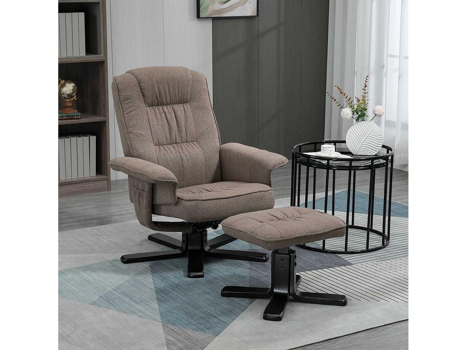 Fauteuil de relaxation CHARLY repose-pieds siège pivotant dossier inclinable assise rembourrée relax, en tissu brun et pieds noirs