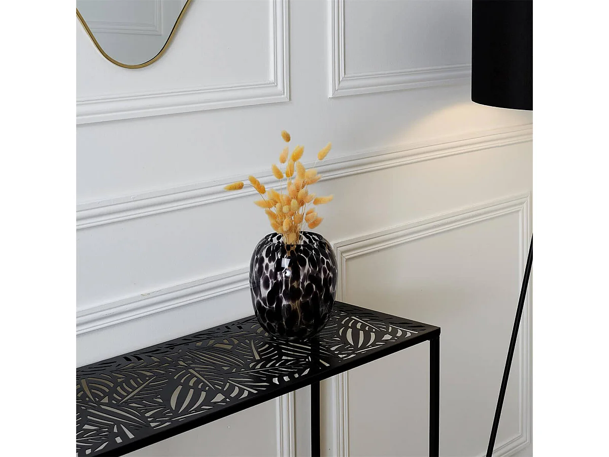 VANIA - Console en Métal Noir Plateau Motifs Feuilles
