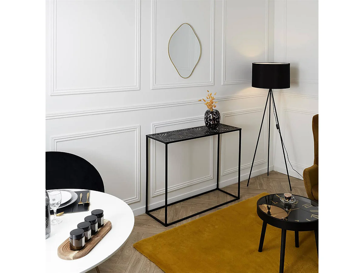 VANIA - Console en Métal Noir Plateau Motifs Feuilles