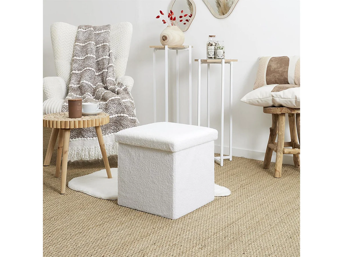 FLOKI - Coffre Pouf Pliable Blanc Tissu Bouclettes