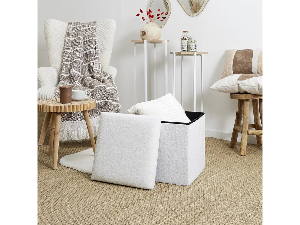 FLOKI - Coffre Pouf Pliable Blanc Tissu Bouclettes