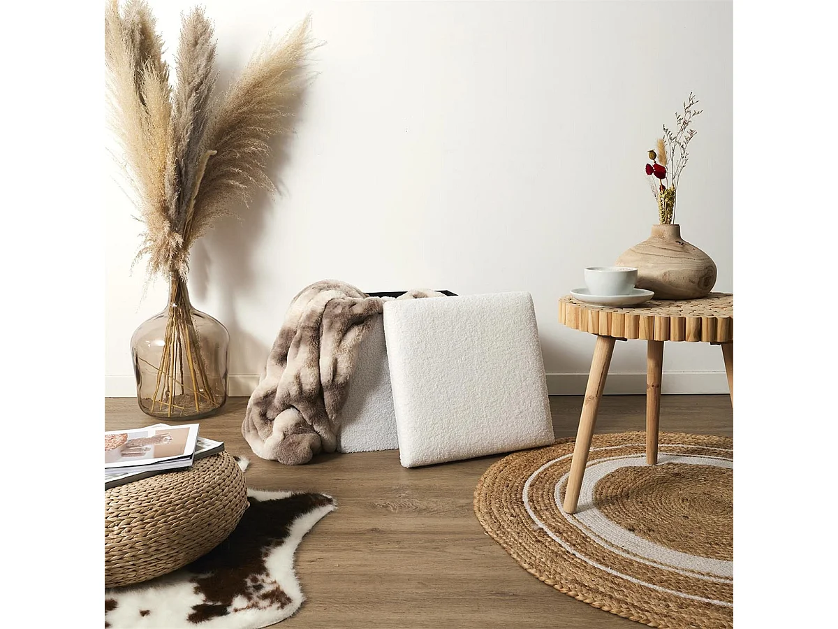 FLOKI - Coffre Pouf Pliable Blanc Tissu Bouclettes