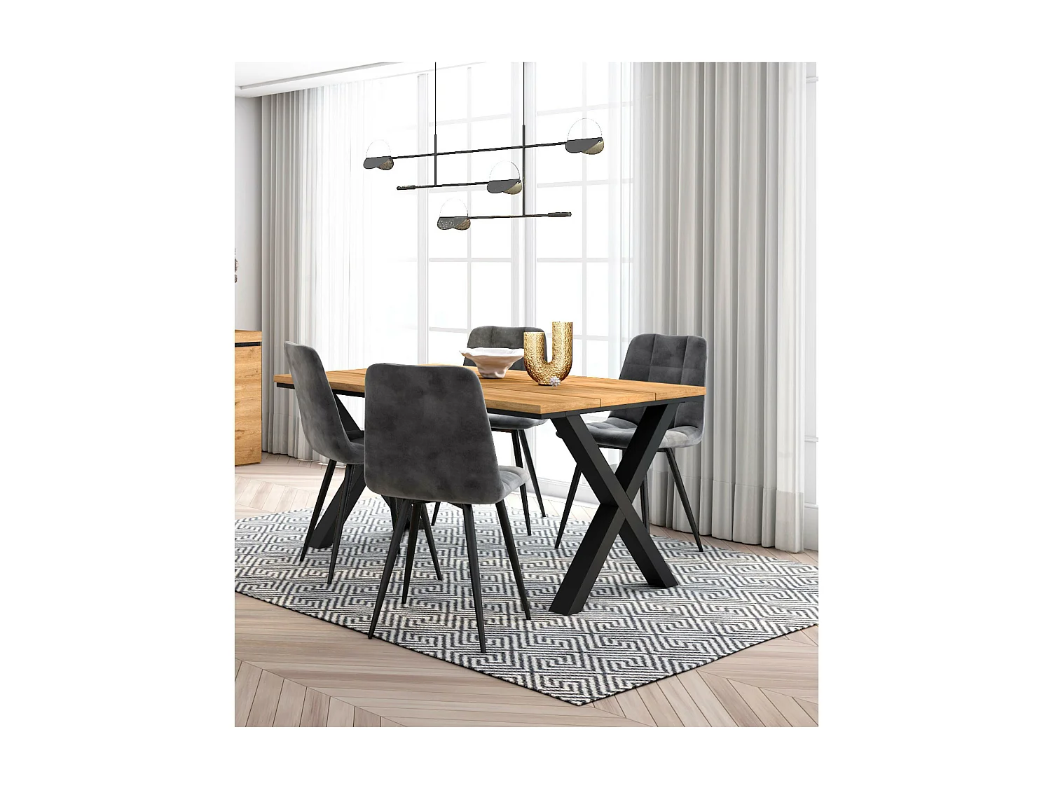 Ensemble Meubles, Table à manger, 140x90x75cm, Chêne, Style industriel, Lot de 4 chaises de salle à manger, Chaise tapissée