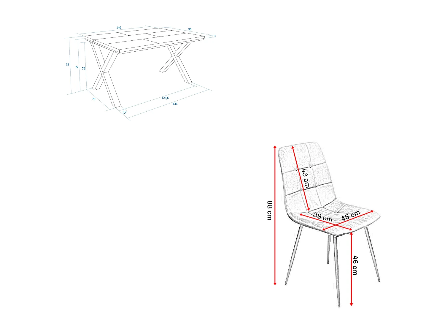 Ensemble Meubles, Table à manger, 140x90x75cm, Chêne, Style industriel, Lot de 4 chaises de salle à manger, Chaise tapissée