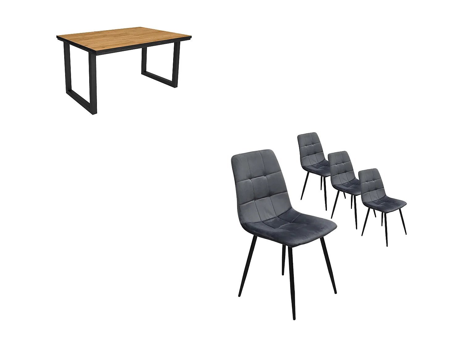 Eetkamermeubels, Tafel, 140x90x75cm, Eiken en zwarte , Industriële stijl, Tafel, Set van 4 Eetkamerstoelen, Gestoffeerde Stoel