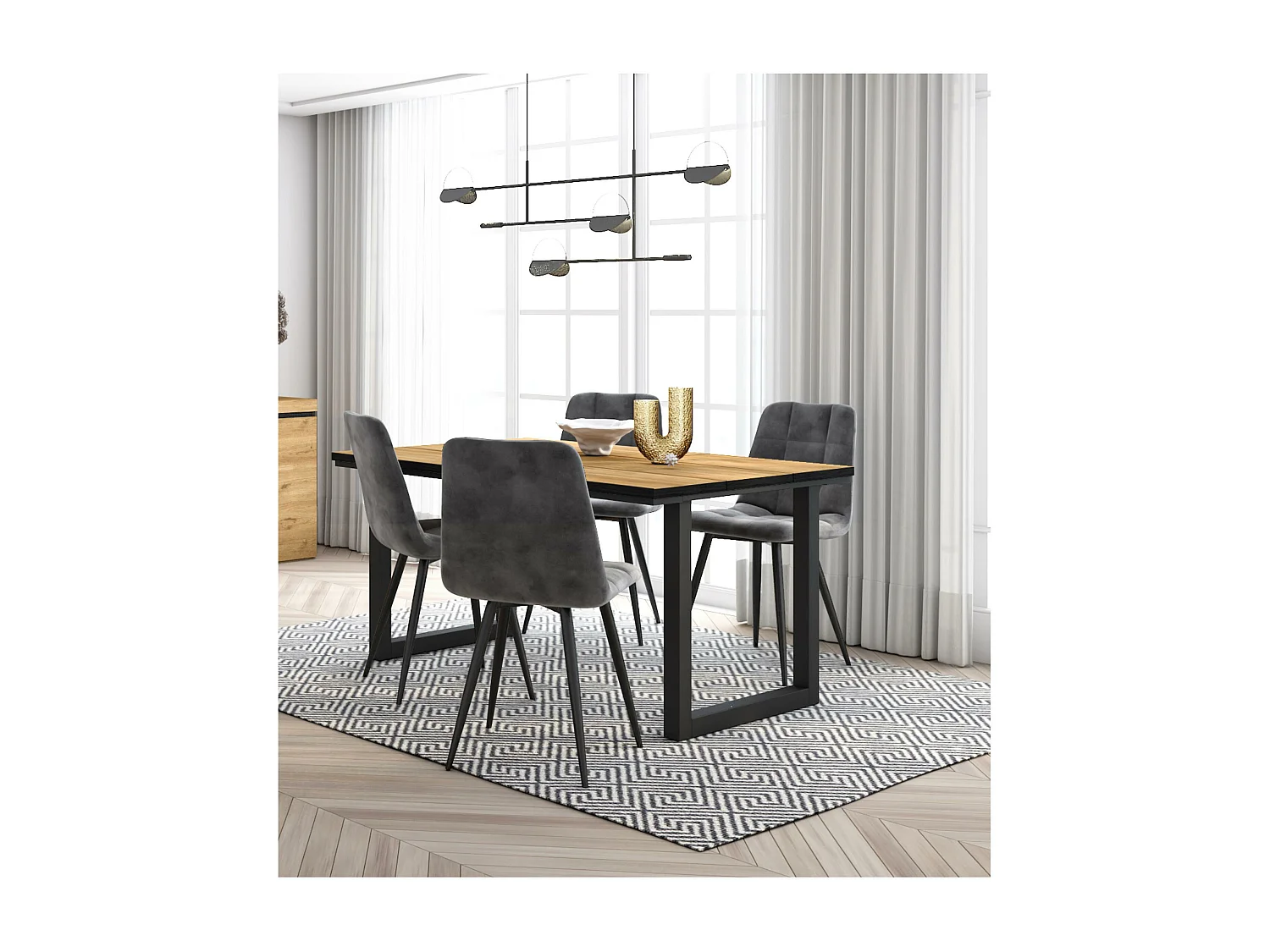 Eetkamermeubels, Tafel, 140x90x75cm, Eiken en zwarte , Industriële stijl, Tafel, Set van 4 Eetkamerstoelen, Gestoffeerde Stoel