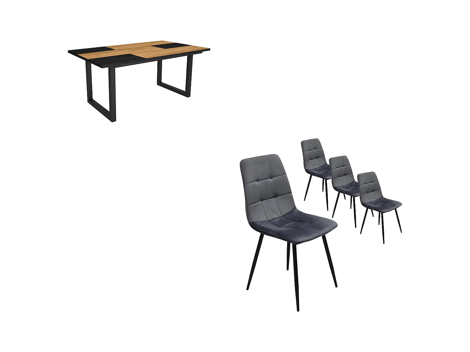 Eetkamermeubels, Tafel, 167x90x75cm, Eik en zwart, Industriële stijl, Tafel, Set van 4 Eetkamerstoelen, Gestoffeerde Stoel