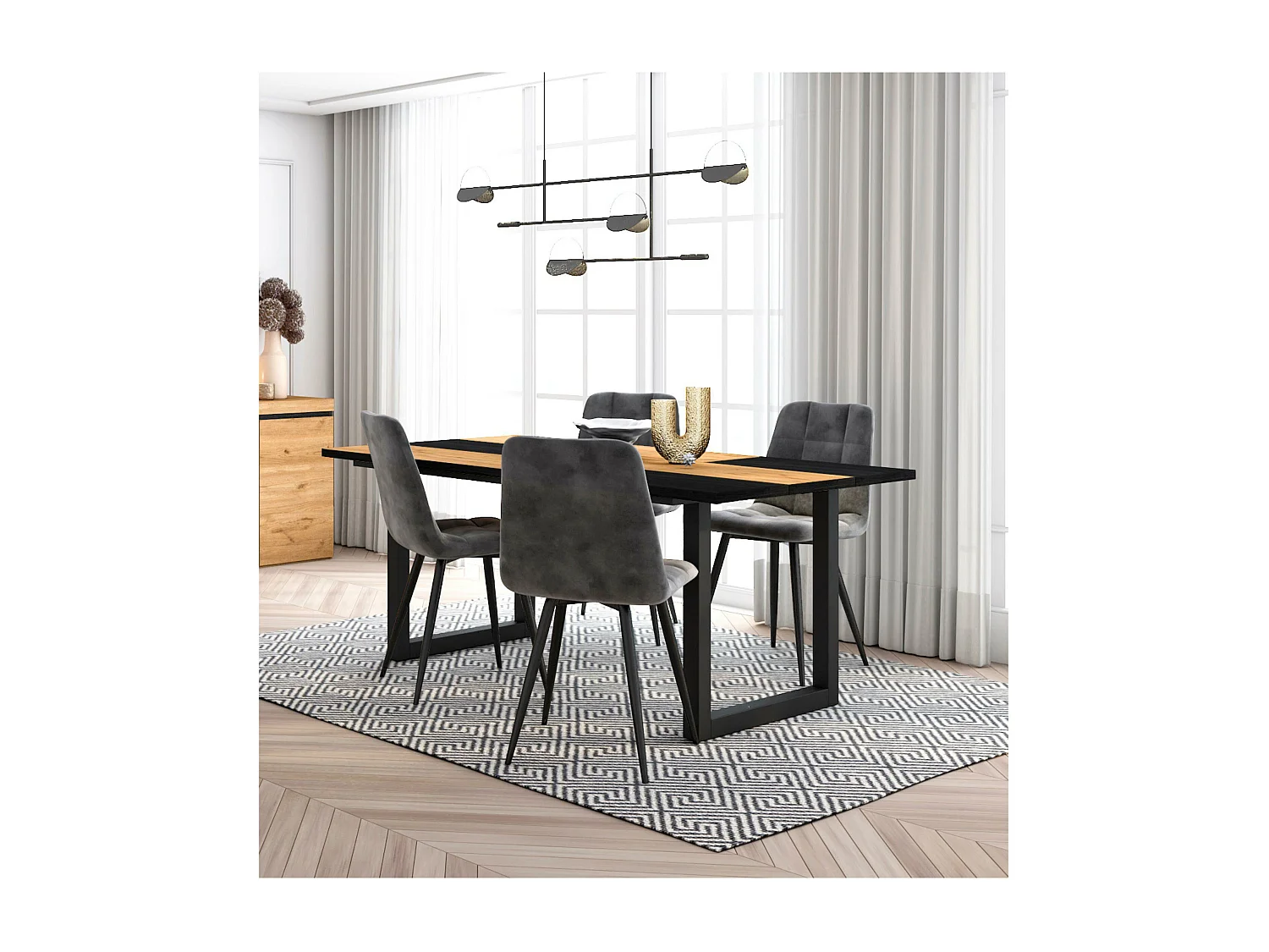 Eetkamermeubels, Tafel, 167x90x75cm, Eik en zwart, Industriële stijl, Tafel, Set van 4 Eetkamerstoelen, Gestoffeerde Stoel