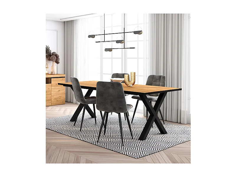 Conjunto móveis, Mesa de sala de jantar, 200, Carvalho e  preta, industrial, Mesa Jantar, Conjunto de 4 Cadeiras de Jantar, Cadeira Estofada