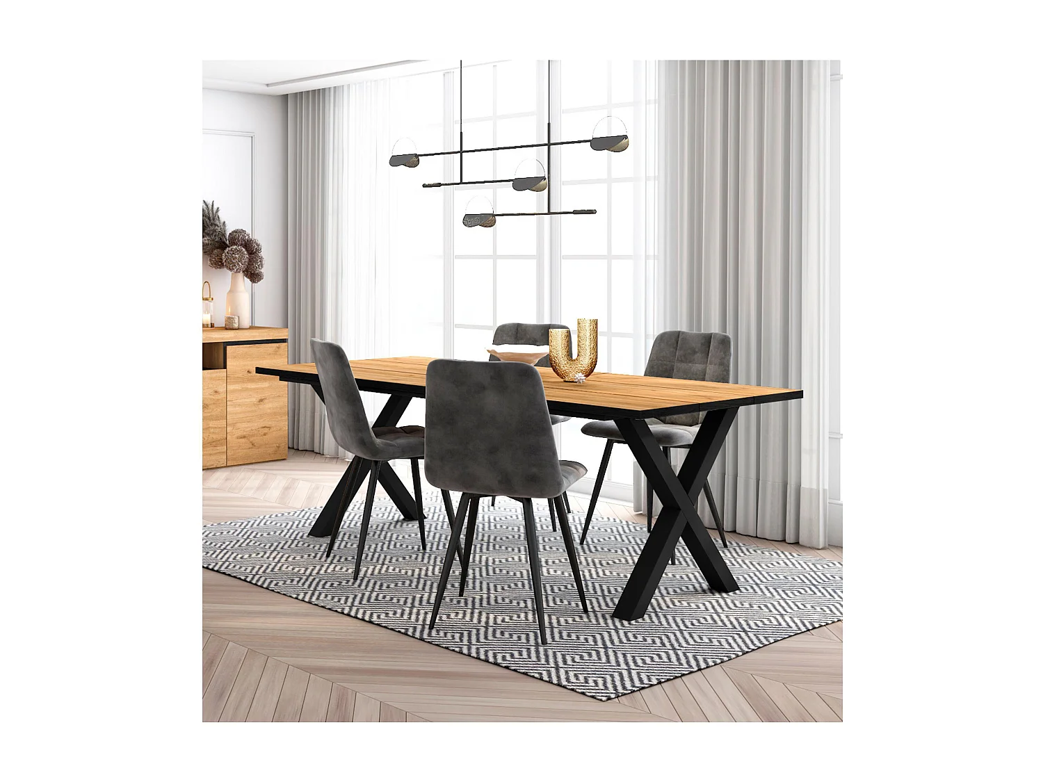 Ensemble Meubles, Table à manger, 194x90x75cm,  Chêne et noir, industriel, Table à manger, Lot de 4 chaises de salle à manger, Chaise tapissée