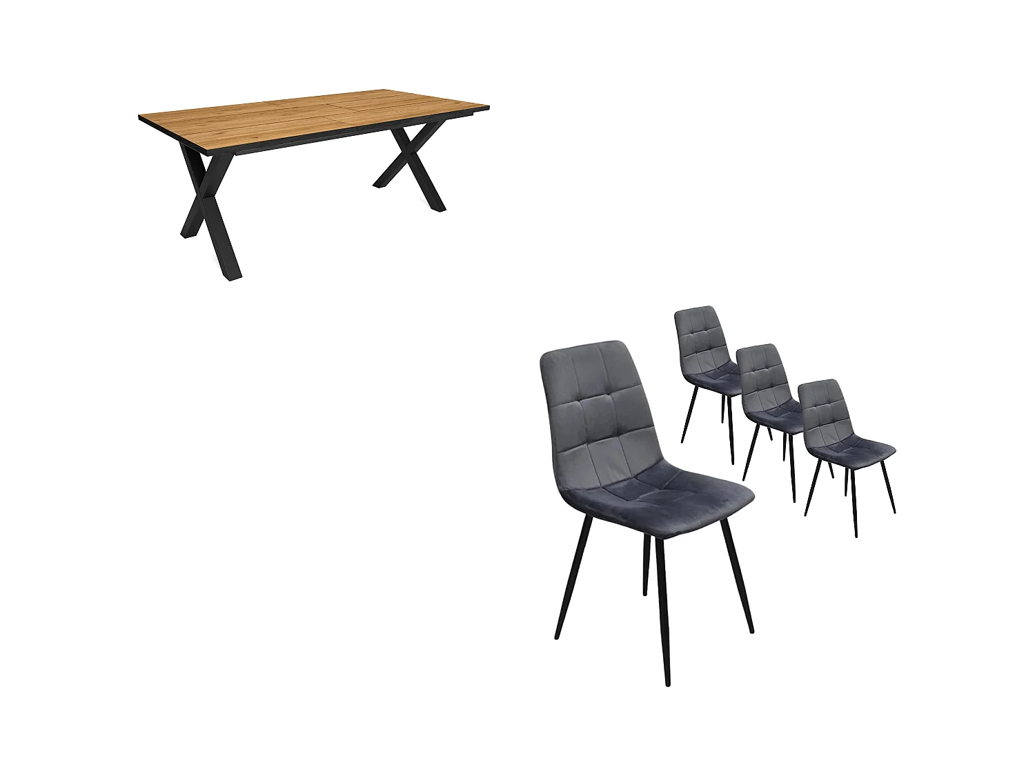 Ensemble Meubles, Table à manger, 194x90x75cm,  Chêne et noir, industriel, Table à manger, Lot de 4 chaises de salle à manger, Chaise tapissée
