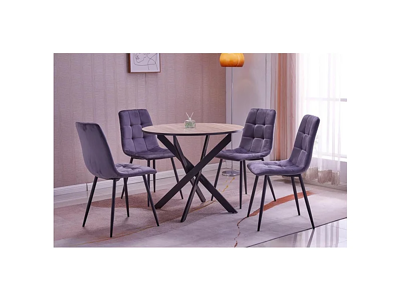 Conjunto móveis, Conjunto de 4 Cadeiras de Jantar, Cadeira Estofada, Cadeiras, Mesa fixa redonda, Carvalho/preto, Pés preto