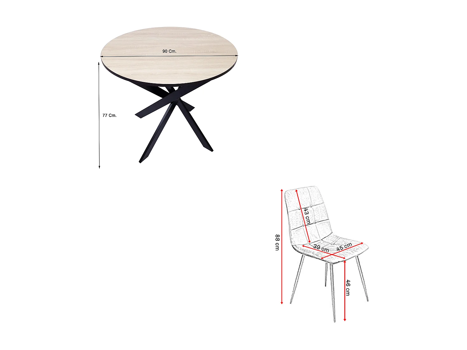 Esszimmermöbel, Packung mit 4 Esszimmerstühlen, Gepolsterter Stuhl, Esszimmerstühle, Runder Esstisch, Eiche/Schwarz, Schwarz beine