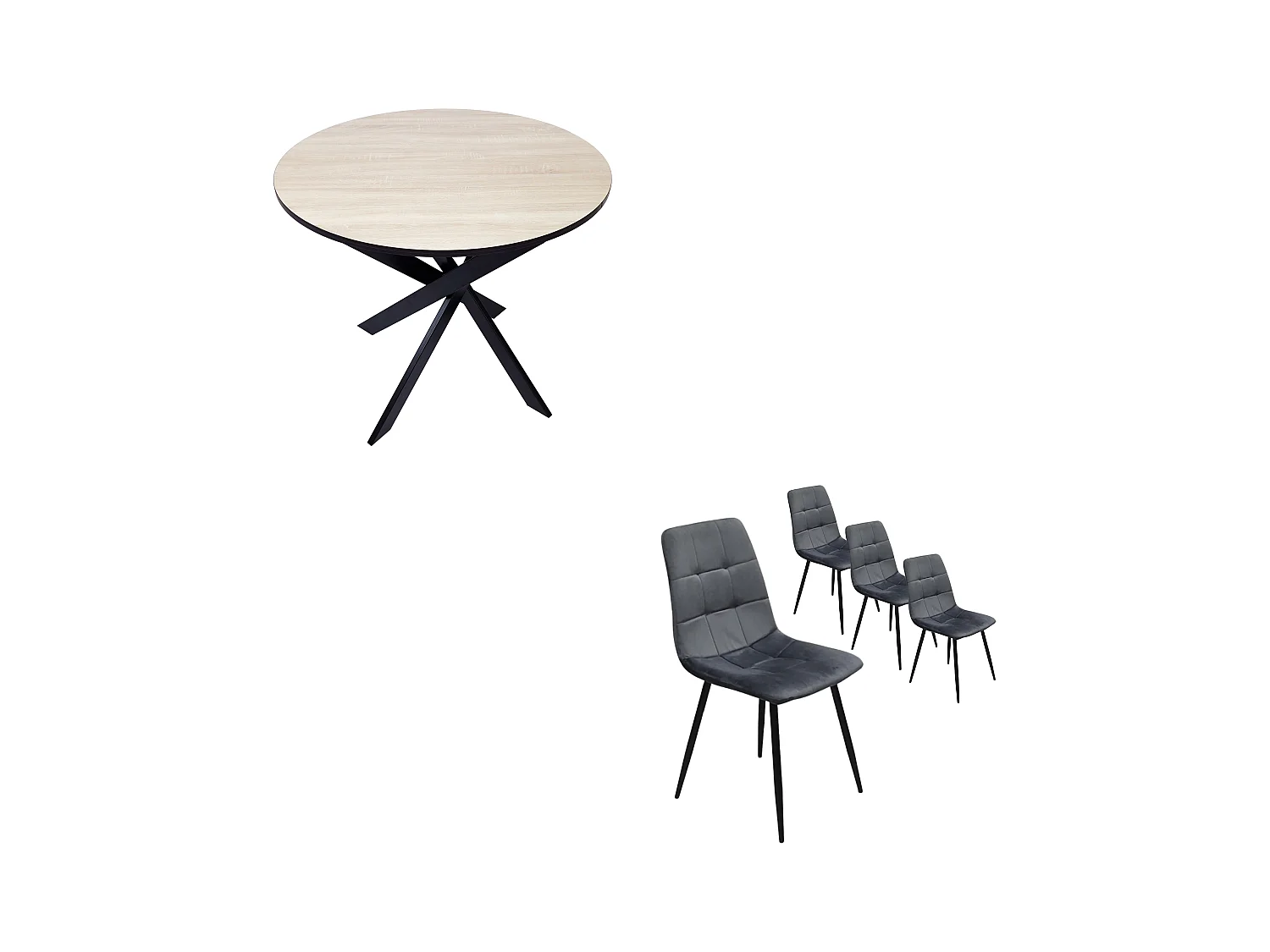 Ensemble Meubles, Lot de 4 chaises tapissées de salle à manger, Table à manger ronde, Chêne/noir, Pieds noir