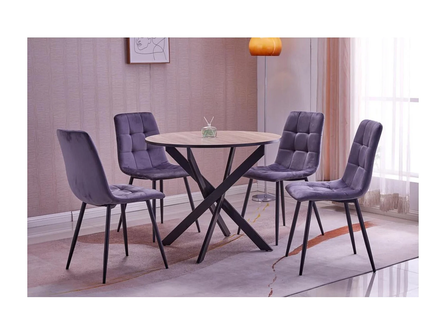 Eetkamermeubels, Set van 4 Eetkamerstoelen, Gestoffeerde Stoel, EetkamerstoelRonde vaste Eettafel, Eik/zwart, zwarte poten