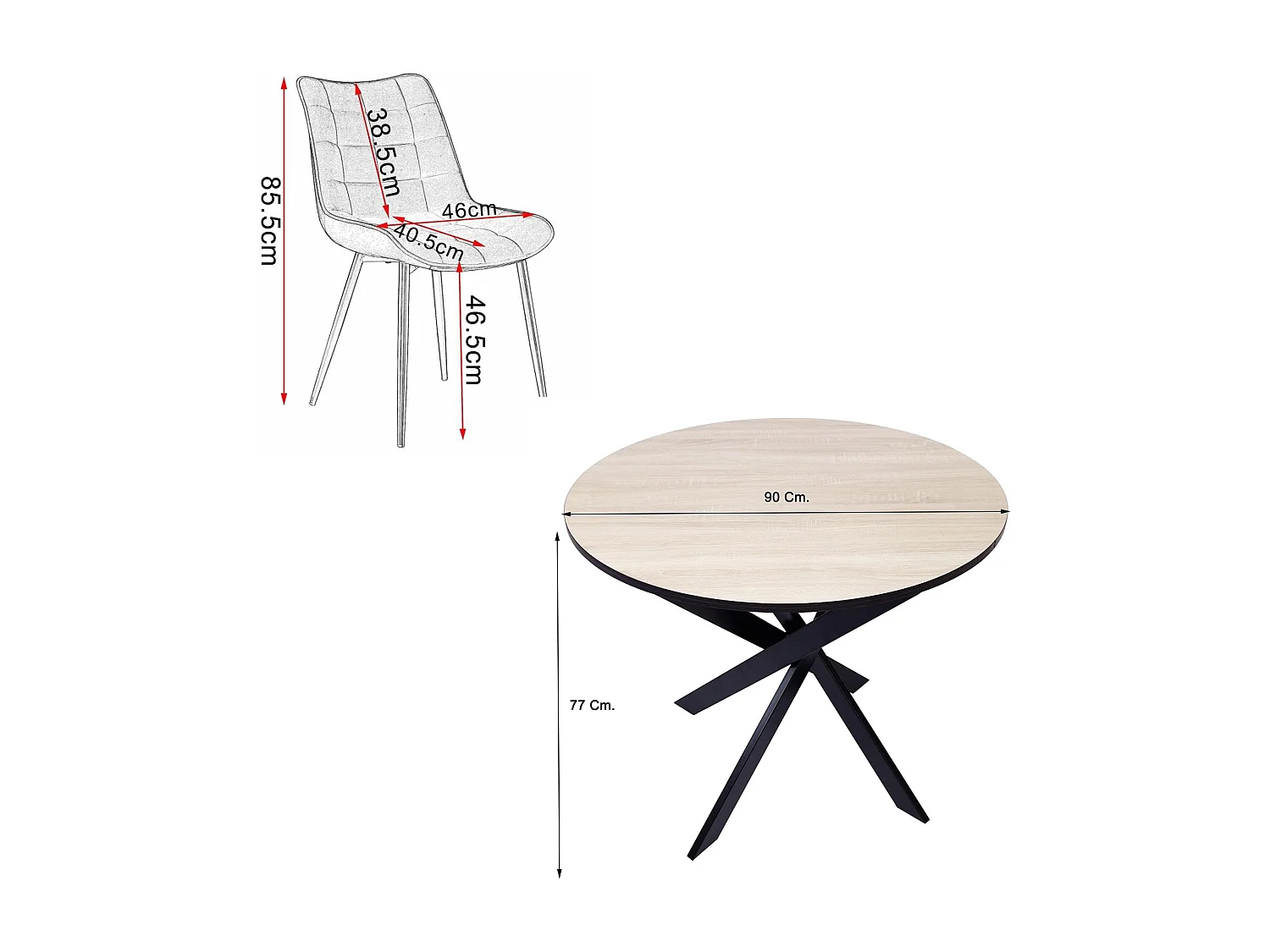 Eetkamermeubels, Set van 4 Eetkamerstoelen, Gestoffeerde Stoel, EetkamerstoelRonde vaste Eettafel, Eik/zwart, zwarte poten