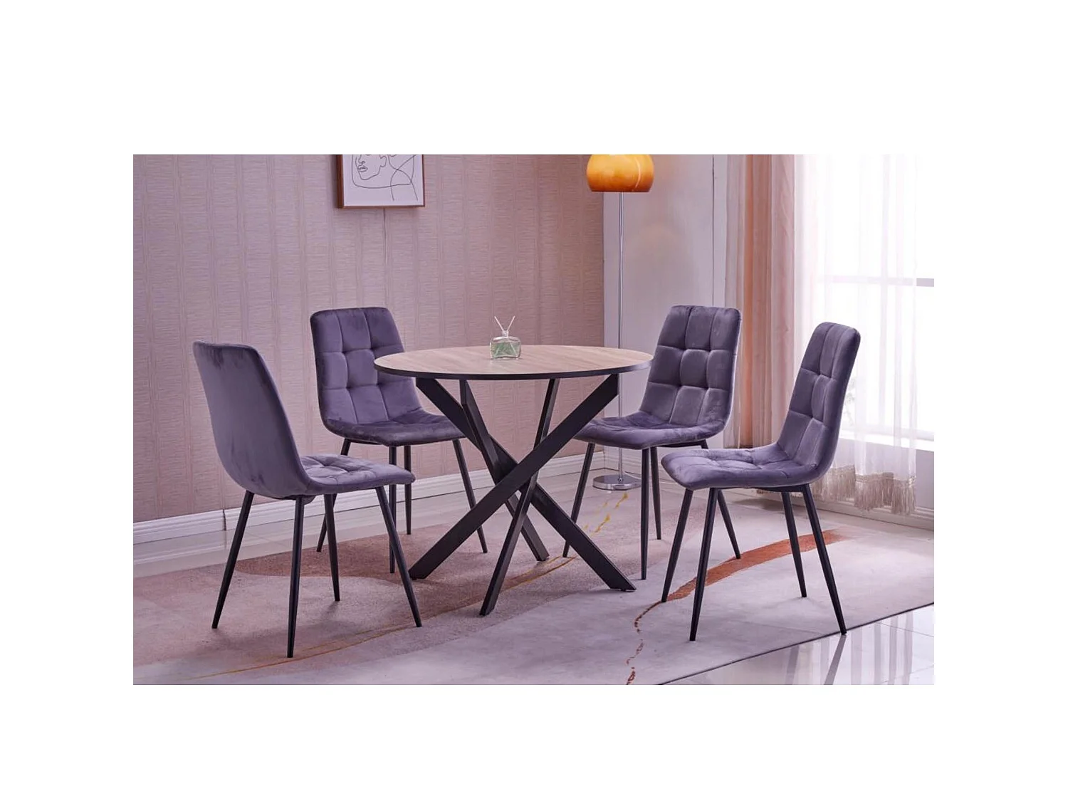 Conjunto Salón, Pack de 4 Sillas tapizadas de Comedor, Mesa fija redonda, Roble/negro, Patas negras