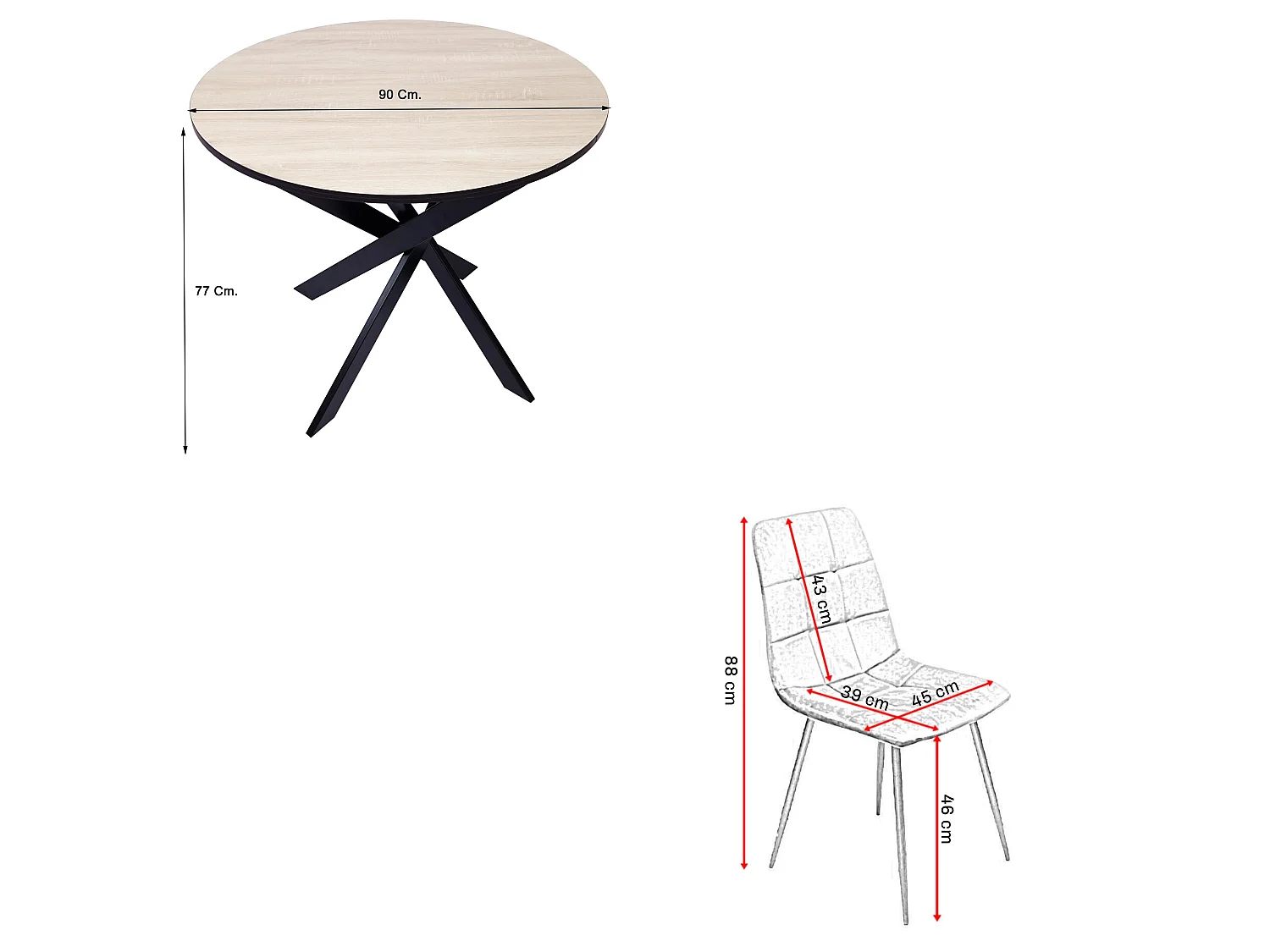 Conjunto Salón, Pack de 4 Sillas tapizadas de Comedor, Mesa fija redonda, Roble/negro, Patas negras