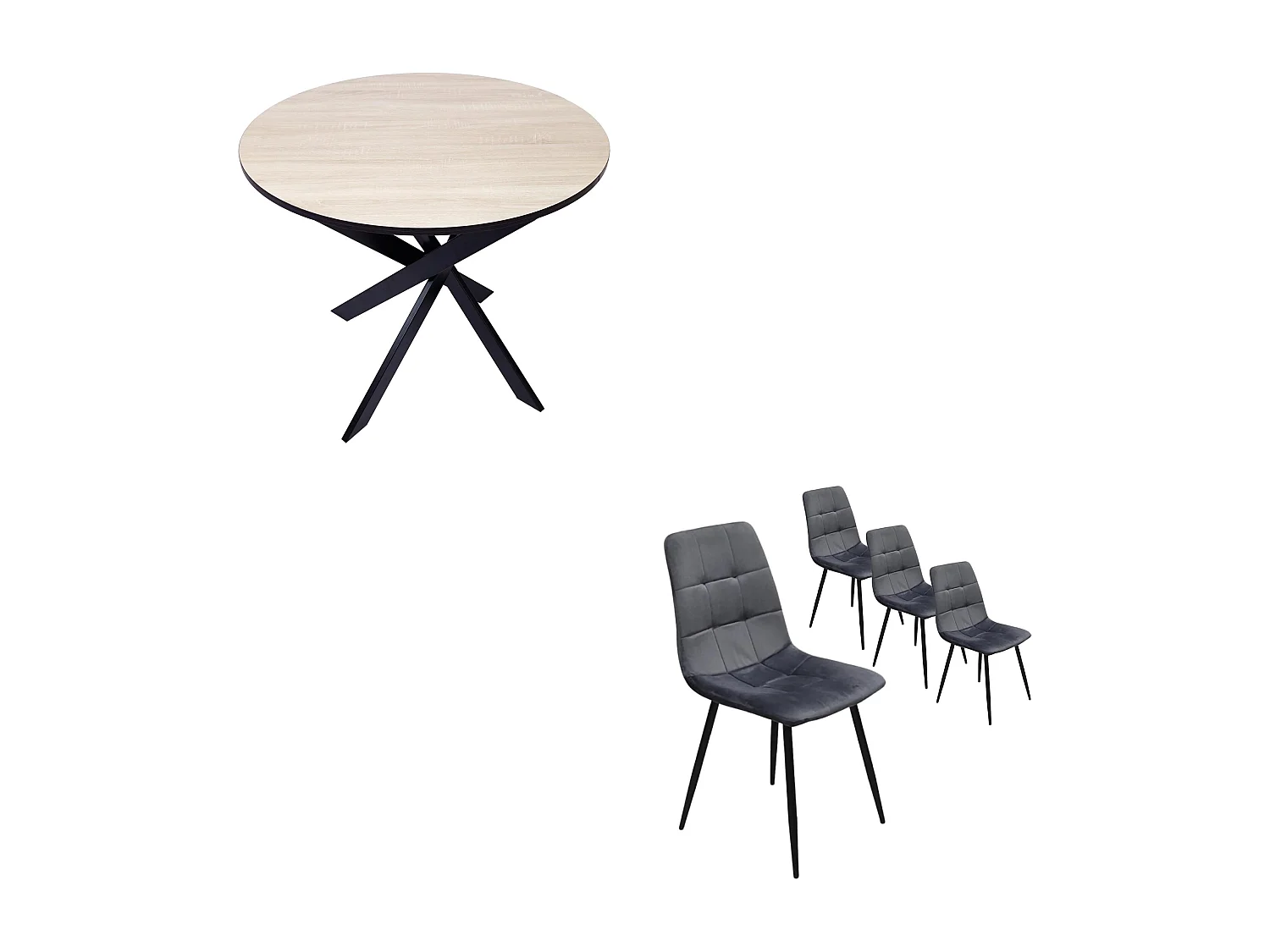 Conjunto Salón, Pack de 4 Sillas tapizadas de Comedor, Mesa fija redonda, Roble/negro, Patas negras