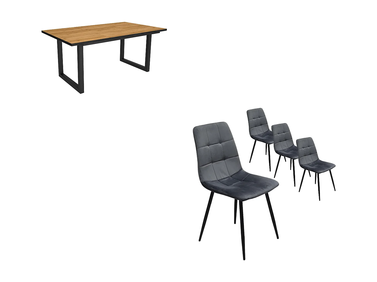 Ensemble Meubles, Table à manger, 167x90x75cm,  Chêne et noir,  industriel, Table à manger, Lot de 4 chaises de salle à manger, Chaise tapissée