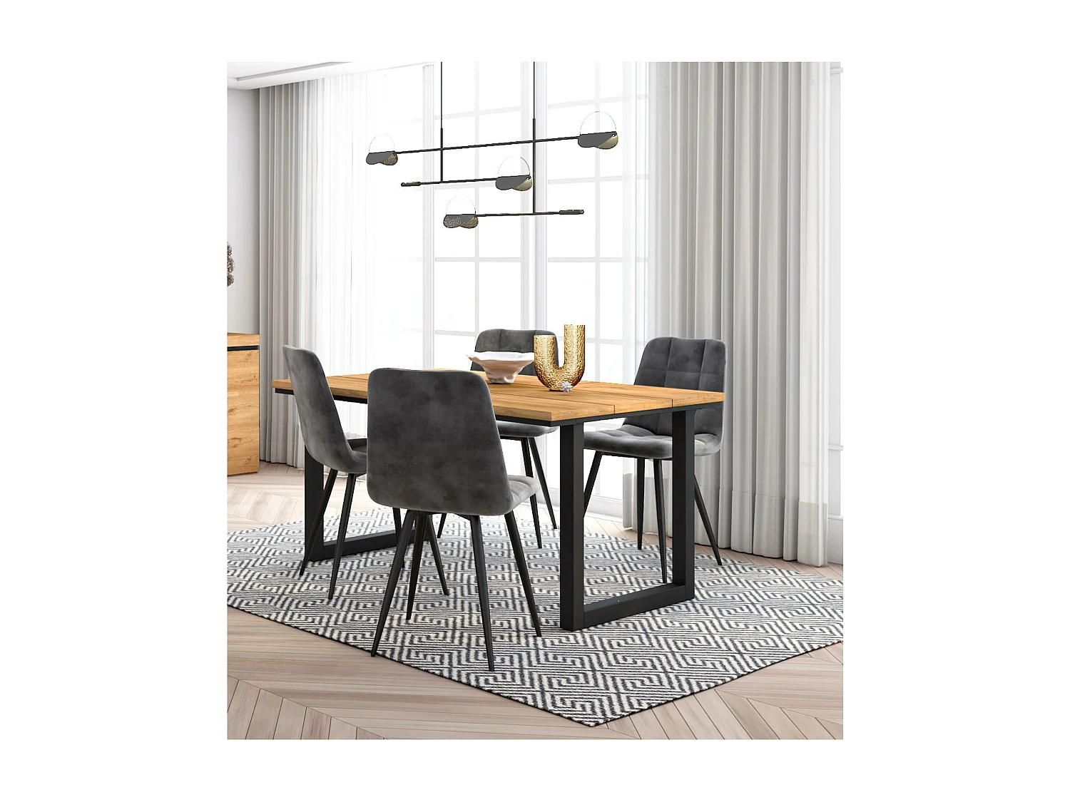 Eetkamermeubels, Tafel, 140x90x75cm, Eik, Industriële stijl, Tafel, Set van 4 Eetkamerstoelen, Gestoffeerde Stoel