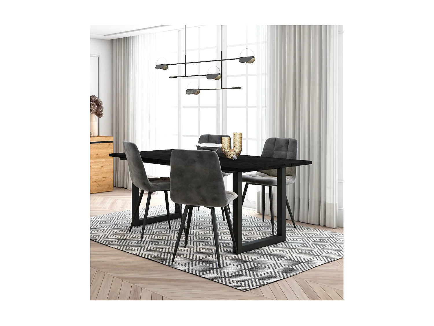 Ensemble Meubles, Table à manger, 167x90x75cm, Noir, Style industriel, Table à manger, Lot de 4 chaises de salle à manger, Chaise tapissée