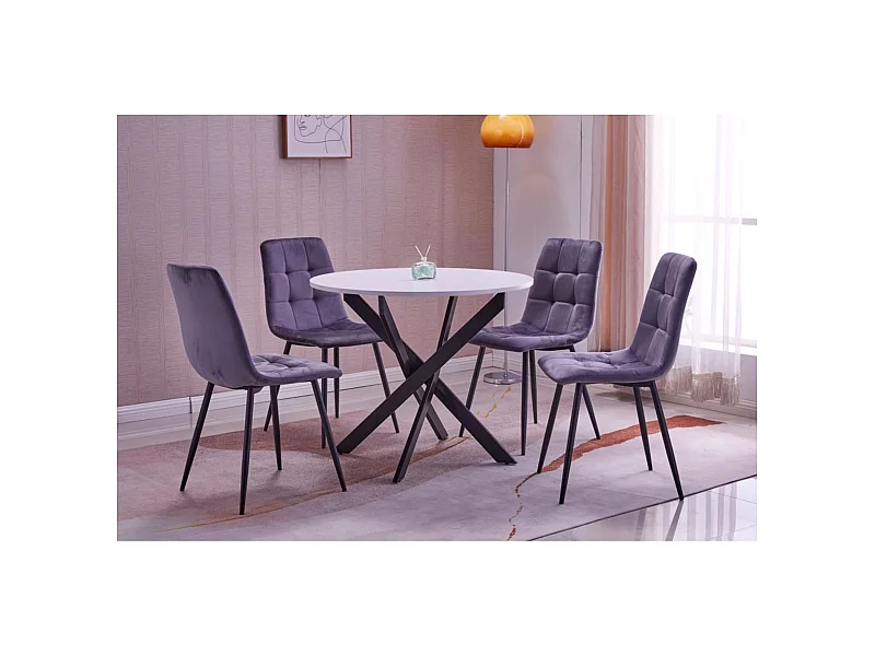 Conjunto móveis, Conjunto de 4 Cadeiras de Jantar, Cadeira Estofada, Cadeiras, Mesa Jantar fixa redonda, Branco mate, Pés pretos