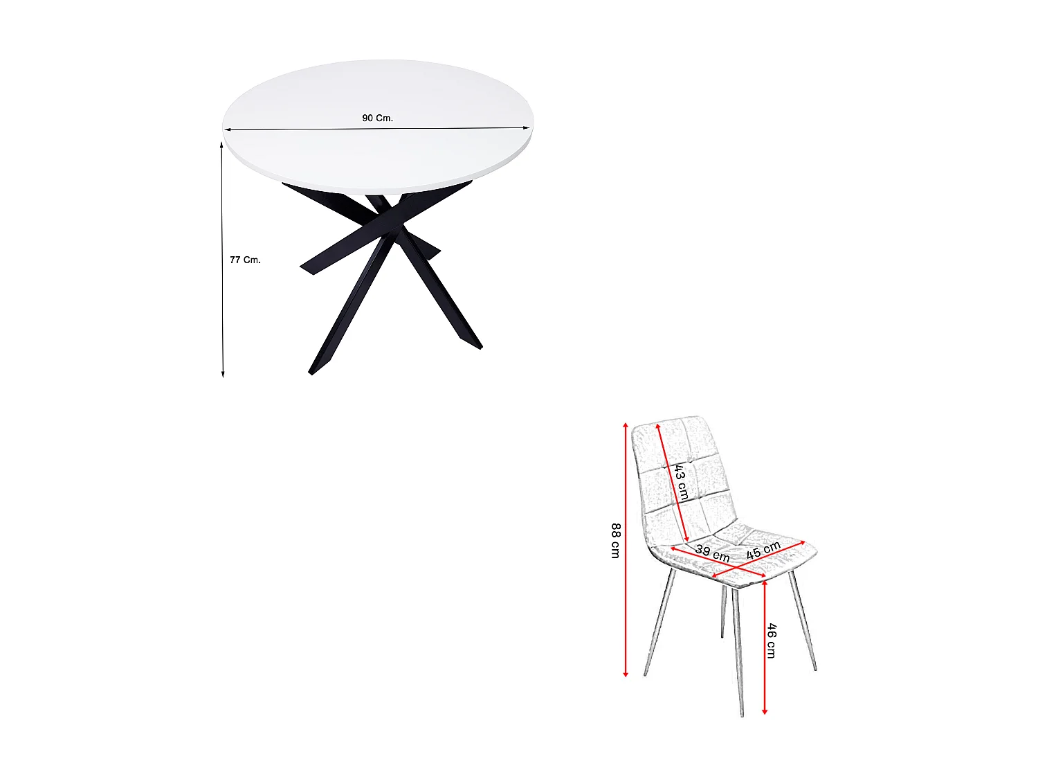 Conjunto móveis, Conjunto de 4 Cadeiras de Jantar, Cadeira Estofada, Cadeiras, Mesa Jantar fixa redonda, Branco mate, Pés pretos