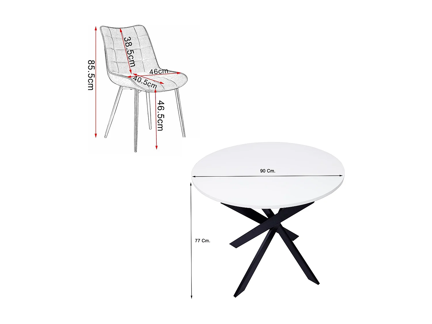 Conjunto móveis, Conjunto de 4 Cadeiras de Jantar, Cadeira Estofada, Cadeiras, Mesa Jantar fixa redonda, Branco mate, Pés pretos