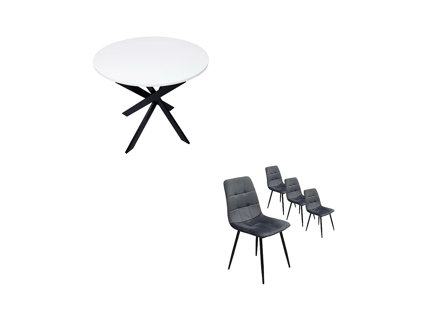 Ensemble Meubles, Lot de 4 chaises tapissées de salle à manger, Table à manger ronde, Blanc mat, Pieds noir