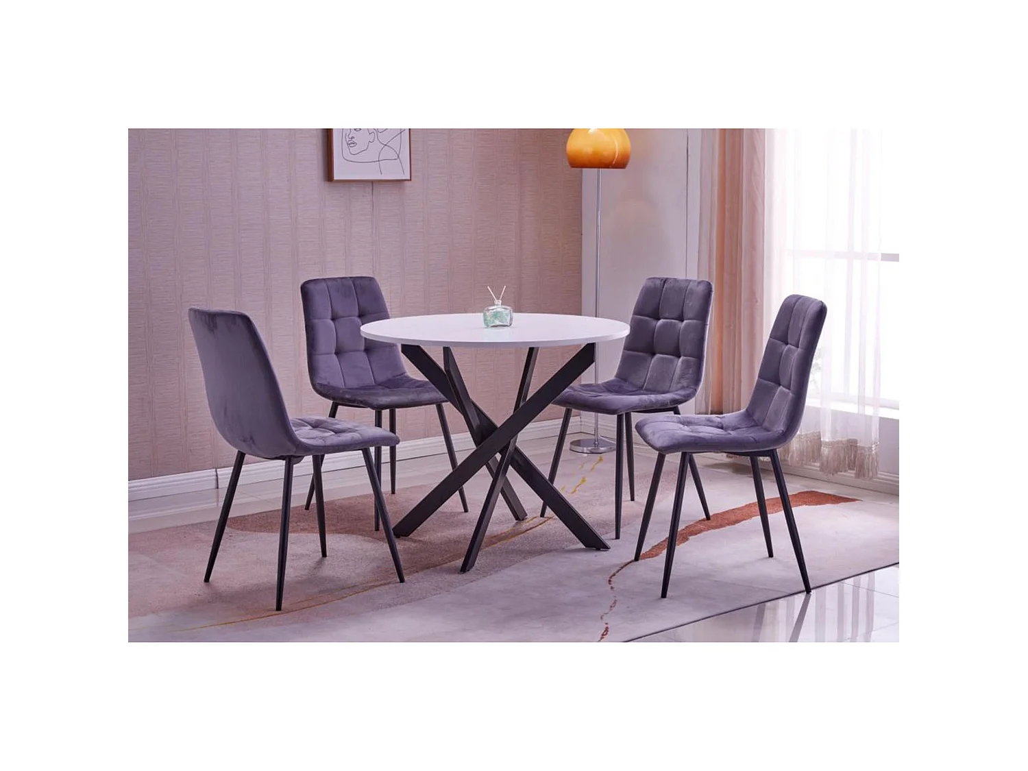 Conjunto Salón, Pack de 4 Sillas tapizadas de Comedor, Mesa Fija redonda, Blanco Mate, Patas negro