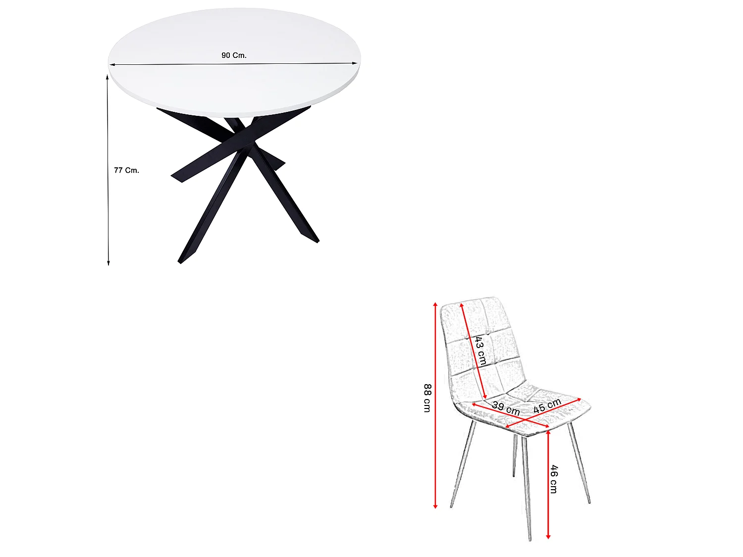 Conjunto Salón, Pack de 4 Sillas tapizadas de Comedor, Mesa Fija redonda, Blanco Mate, Patas negro