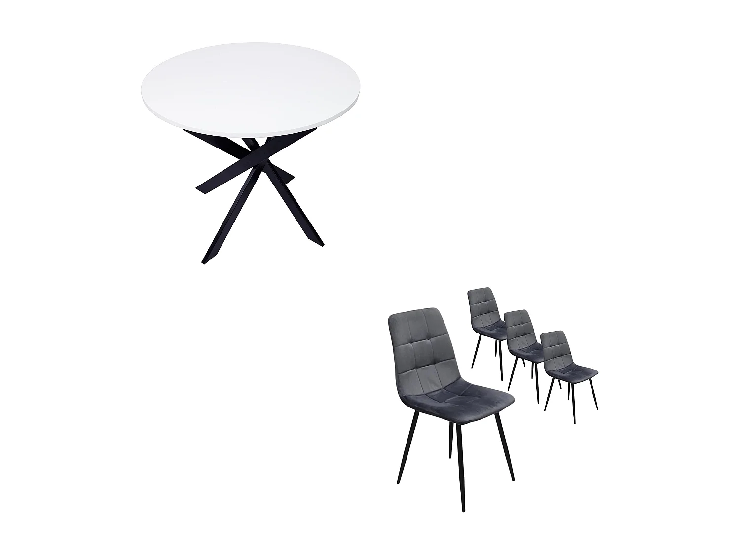 Conjunto Salón, Pack de 4 Sillas tapizadas de Comedor, Mesa Fija redonda, Blanco Mate, Patas negro